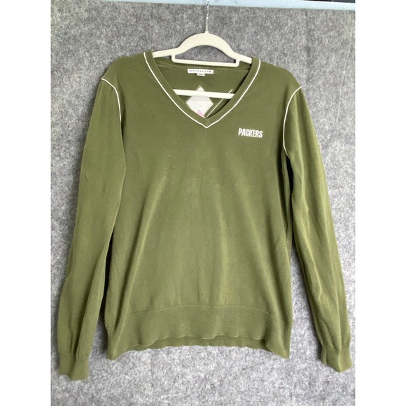 Cutter & Buck Green Bay Packers Sweater L Olive Cotton V-Neck Argyle Football - Picture 1 of 5